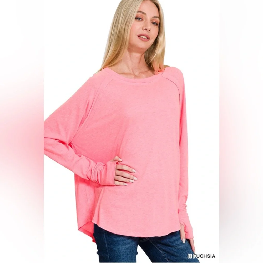 NWT Zenana Hot Fuchsia Cotton Raglan Long Sleeve Thumbhole Oversized Top - Picture 2 of 3